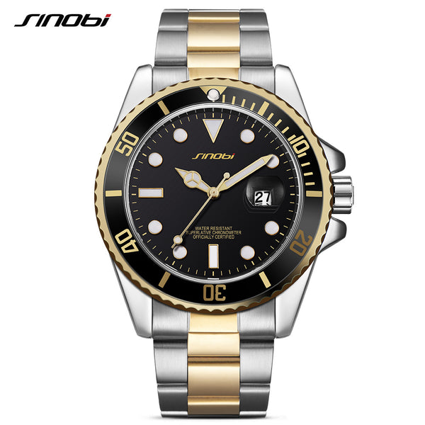 SINOBI Casual Men Watch 2017 Waterproof Date Stainless Steel Band Luxury Mans Sports Quartz Watches Golden relogio masculino