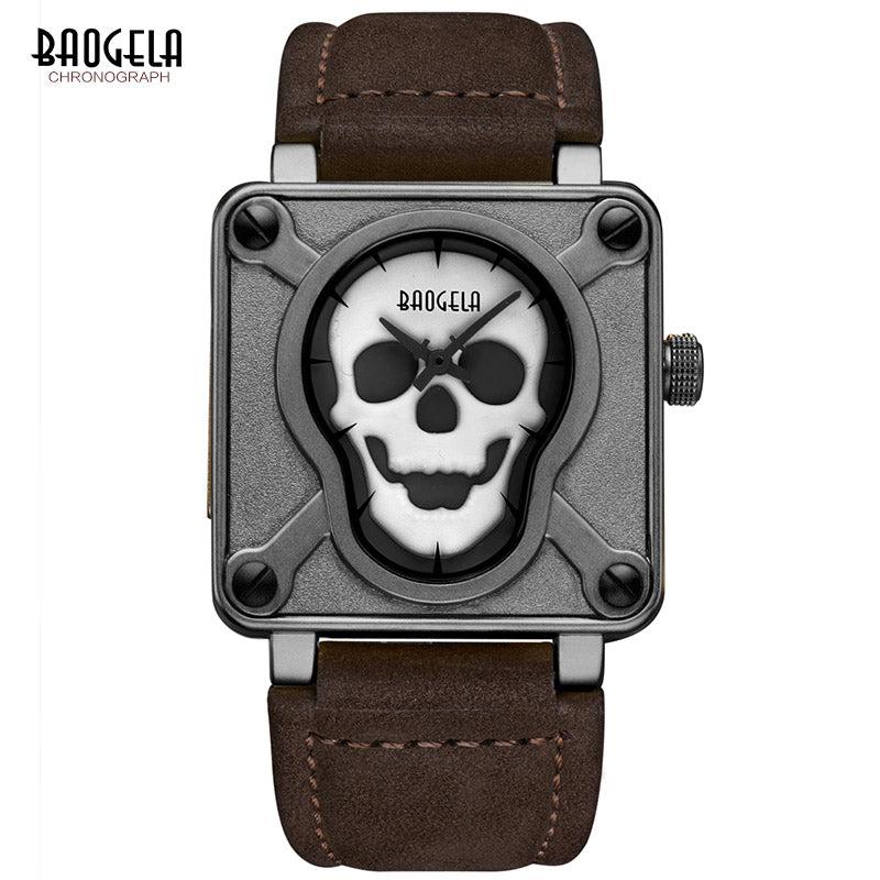 Baogela Mens Waterproof Black Brown Leather Strap Square Dial Quartz Wrist Watches with Luminous Skull BGL1701