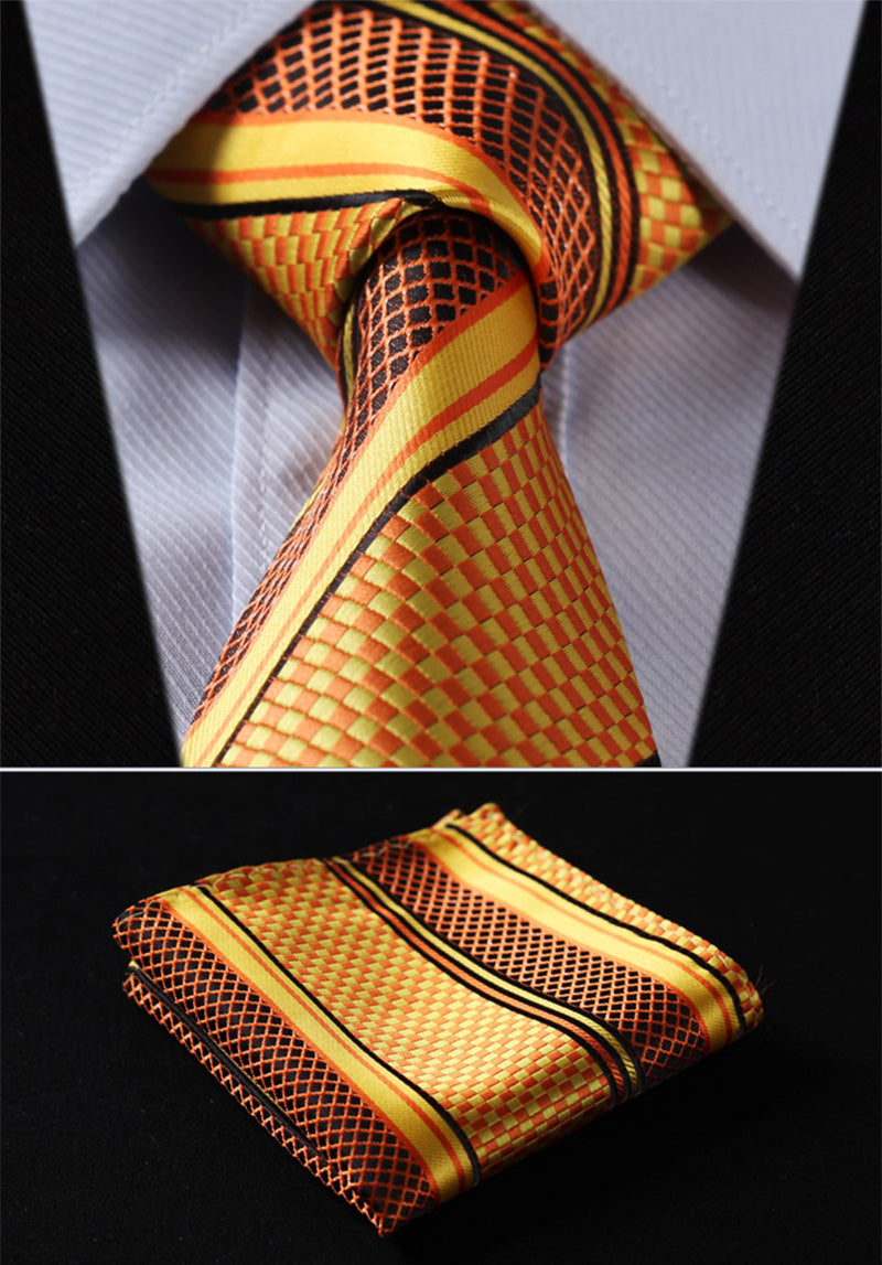 Party Wedding Classic Pocket Square Tie TS4017N8S Orange Yellow Stripe 3.4